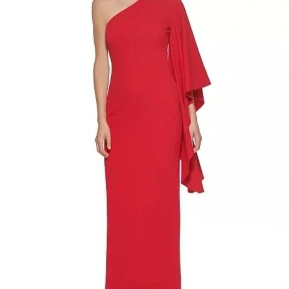 Calvin Klein Red One-Shoulder Draped Sleeve Formal Gown